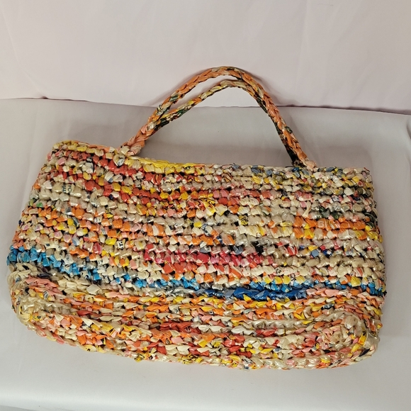 Vintage Handmade plastic bag mini tote bag fabric lined upcycled repurposed - Picture 10 of 10